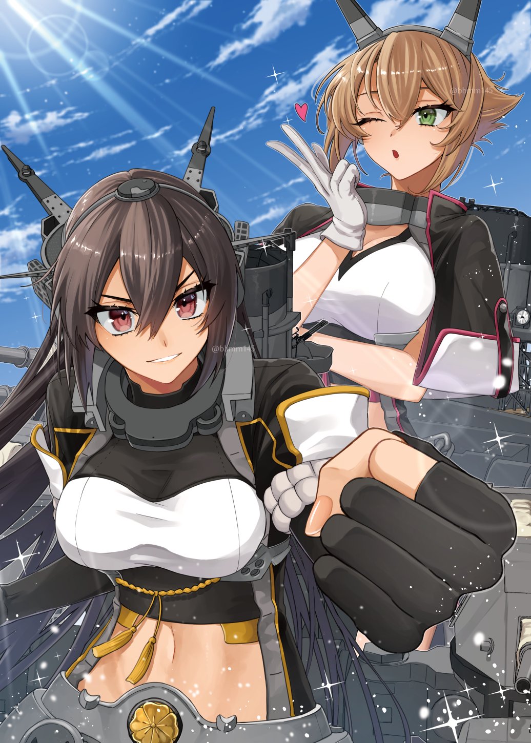 2girls black-hair black_gloves black_hair black_skirt breasts brown_hair chain clenched_hand cloud crop_top gloves gradient_hair green_eyes hair_between_eyes headgear heart highres kantai_collection large_breasts long_hair looking_at_viewer machi_(ritovoyage) midriff multicolored_hair multiple_girls mutsu_(kancolle) mutsu_kai_ni_(kancolle) nagato_(kancolle) nagato_kai_ni_(kancolle) one_eye_closed parted_lips partially_fingerless_gloves pleated_skirt red_eyes rigging short_hair skirt sky sparkle tassel twitter_username white_gloves white_skirt