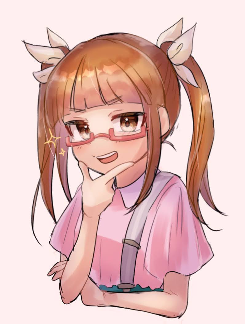 1girl blunt_bangs blush brown_hair cropped_torso glasses hand_on_own_chin idolmaster idolmaster_cinderella_girls ikebukuro_akiha long_hair looking_at_viewer onkmgmgoicna pink_shirt red-framed_eyewear semi-rimless_eyewear shirt smile solo sparkle stroking_own_chin suspenders teeth twintails under-rim_eyewear upper_body upper_teeth_only