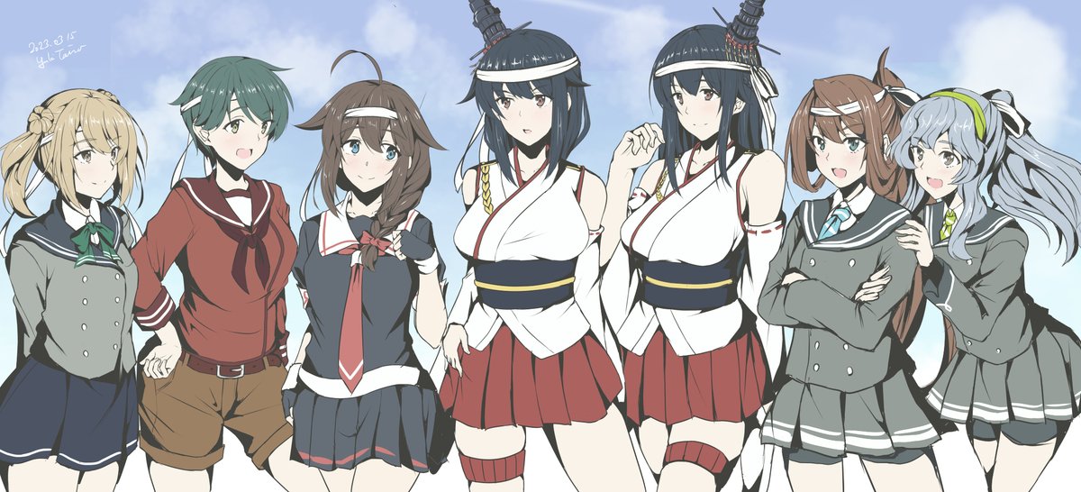 adapted_costume ahoge alternate_costume arms_behind_back artist_name asagumo_(kancolle) black_gloves black_hair black_serafuku black_skirt blazer blue_background blue_eyes bow braid breasts brown_eyes brown_hair brown_neckerchief brown_sailor_collar brown_shirt brown_shorts buttons closed_mouth collared_shirt commentary_request cowboy_shot crossed_arms dated detached_sleeves double-breasted double_bun dutch_angle facing_viewer fingerless_gloves fusou_(kancolle) gloves green_bow green_hairband grey_eyes grey_hair grey_jacket grey_sailor_collar grey_serafuku grey_skirt hair_between_eyes hair_bun hair_flaps hair_ornament hair_over_shoulder hairband hand_on_hip headband headgear jacket japanese_clothes kantai_collection large_breasts light_smile long_hair long_sleeves looking_at_viewer medium_breasts medium_hair michishio_(kancolle) mogami_(kancolle) neckerchief necktie obi open_mouth pink_background pleated_skirt ponytail red_eyes red_neckerchief red_skirt ribbon-trimmed_sleeves ribbon_trim sailor_collar sash school_uniform serafuku shadow shigure_(kancolle) shigure_kai_ni_(kancolle) shirt short_hair shorts shorts_under_skirt sidelocks sideways_glance simple_background single_braid skirt smile striped_necktie swept_bangs taira_yuuki twitter_username two-tone_background wavy_hair white_background white_headband white_sailor_collar wide_sleeves yamagumo_(kancolle) yamashiro_(kancolle) yellow_background