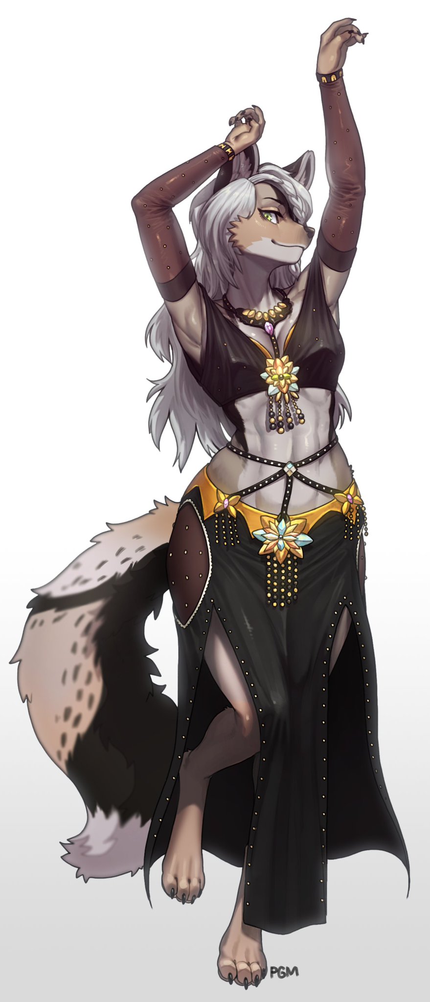 barefoot belly_dancer black_clothing canid canine canis claws clothed clothing feet female fur gold_(metal) green_eyes hair hi_res jackal mammal on_one_leg pgm300 side-striped_jackal silver_hair smile solo standing white_body white_fur