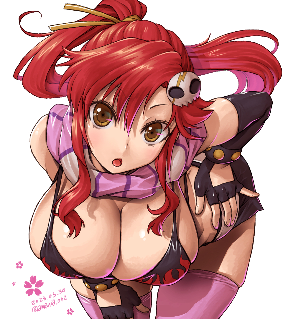 1girl :o amania_orz bikini bikini_top_only blush breasts cleavage dated fingerless_gloves gloves hair_ornament hair_stick large_breasts leaning_forward long_hair pink_thighhighs ponytail red_hair scarf short_shorts shorts skull_hair_ornament solo striped striped_scarf studded_bracelet swimsuit tengen_toppa_gurren_lagann thighhighs white_background yellow_eyes yoko_littner