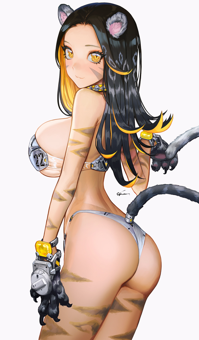 1girl :3 animal_ears animal_hands ass bikini black_hair bodypaint breasts closed_mouth collar colored_inner_hair etama_quomo facepaint flipped_hair grey_bikini large_breasts light_blush long_hair looking_at_viewer multicolored_hair orange_hair original signature simple_background slit_pupils solo strapless strapless_bikini studded_collar swimsuit tail tail_raised tiger_ears tiger_girl tiger_paws tiger_tail two-tone_hair white_background yellow_eyes