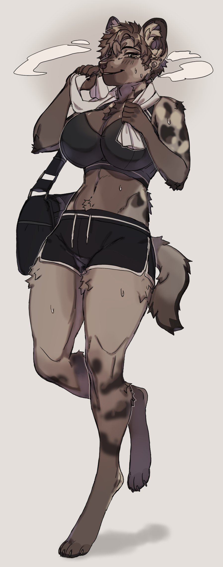 2023 after_exercise anthro bag bodily_fluids bottomwear breasts clothing digitigrade female hi_res hotpants hyena kasusei mammal shorts simple_background solo standing sweat towel towel_around_neck