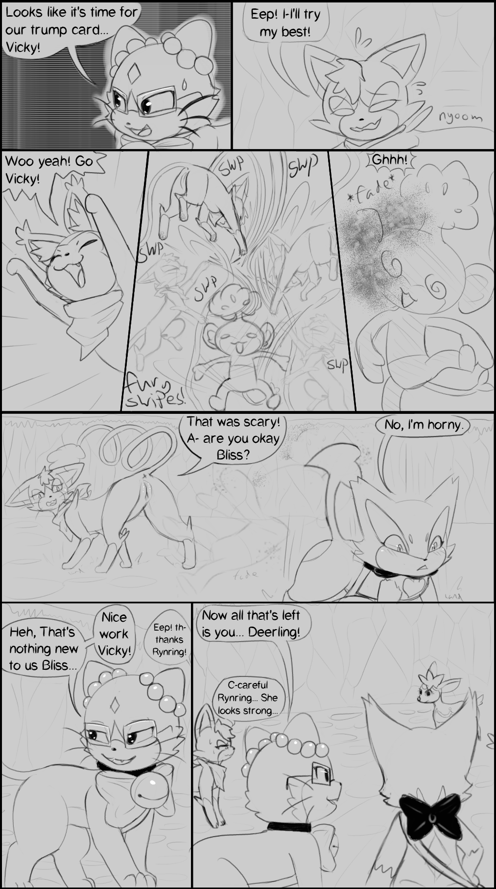 attack battle bell beta_pokemon_(species) beta_pokemon_games bliss_(rymherdier) blush bodily_fluids candy_the_skitty comic deerling digital_media_(artwork) english_text felid female feral fur generation_3_pokemon generation_4_pokemon generation_5_pokemon genitals glameow group hi_res male mammal nintendo open_mouth pansage pokemon pokemon_(species) pokemon_gold_beta pokemon_mystery_dungeon purrloin pussy rinrin_(pokemon_gold_beta) rymherdier rynring skitty smile sweat sweatdrop text vicky_(rymherdier)