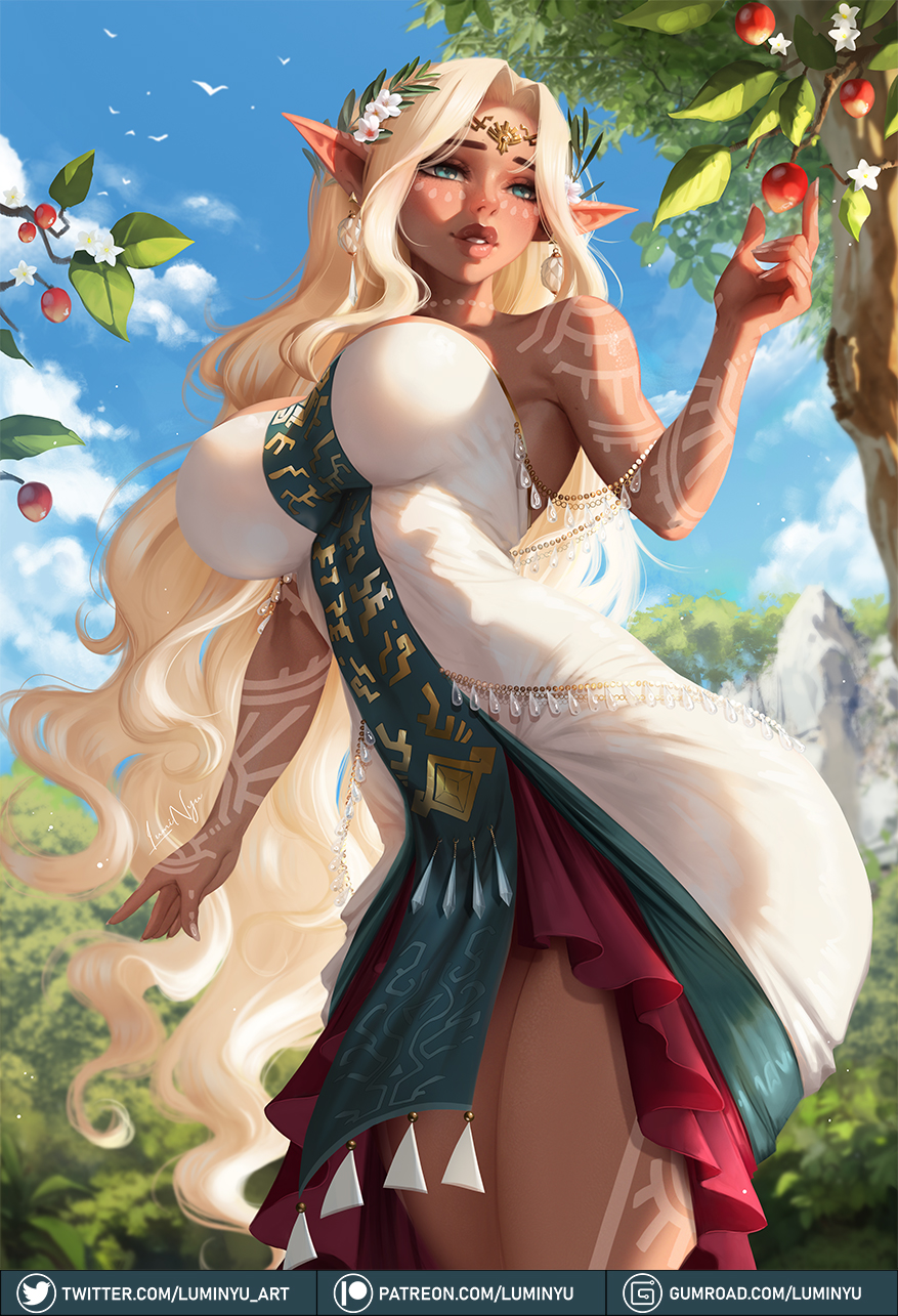 1girl blonde_hair blue_eyes blue_sky circlet dark-skinned_female dark_skin day dress earrings food fruit gumroad_logo gumroad_username highres jewelry long_hair luminyu outdoors patreon_logo patreon_username pointy_ears sky solo sonia_(zelda) strapless strapless_dress the_legend_of_zelda the_legend_of_zelda:_tears_of_the_kingdom tree twitter_logo twitter_username