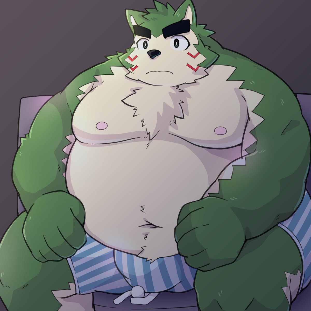 1:1 2023 anthro aumy_wani belly big_belly black_nose bulge canid canine canis clothing domestic_dog duo green_body hi_res kemono lifewonders live_a_hero lying male mammal micro mokdai moobs navel nipples overweight overweight_male sitting underwear