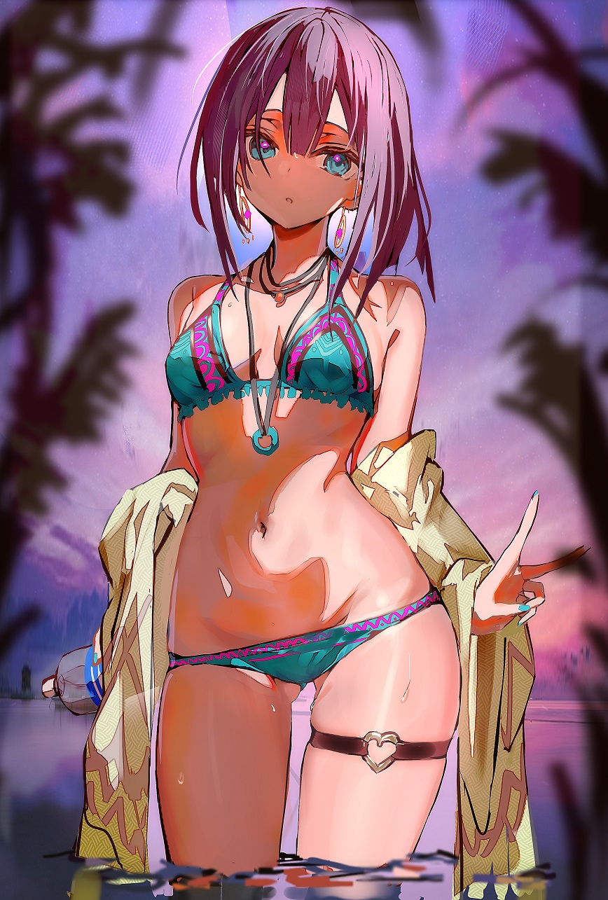 1girl aqua_bikini aqua_nails bare_shoulders bikini blue_eyes bottle breasts cleavage cloud cloudy_sky cowboy_shot dot_nose earrings enj! evening expressionless frilled_bikini frills gradient_sky groin hair_between_eyes highres holding holding_bottle in_water jewelry looking_at_viewer medium_hair nail_polish navel necklace open_mouth purple_hair sideboob sky small_breasts solo standing stomach sunset swimsuit thigh_strap v wading water wet