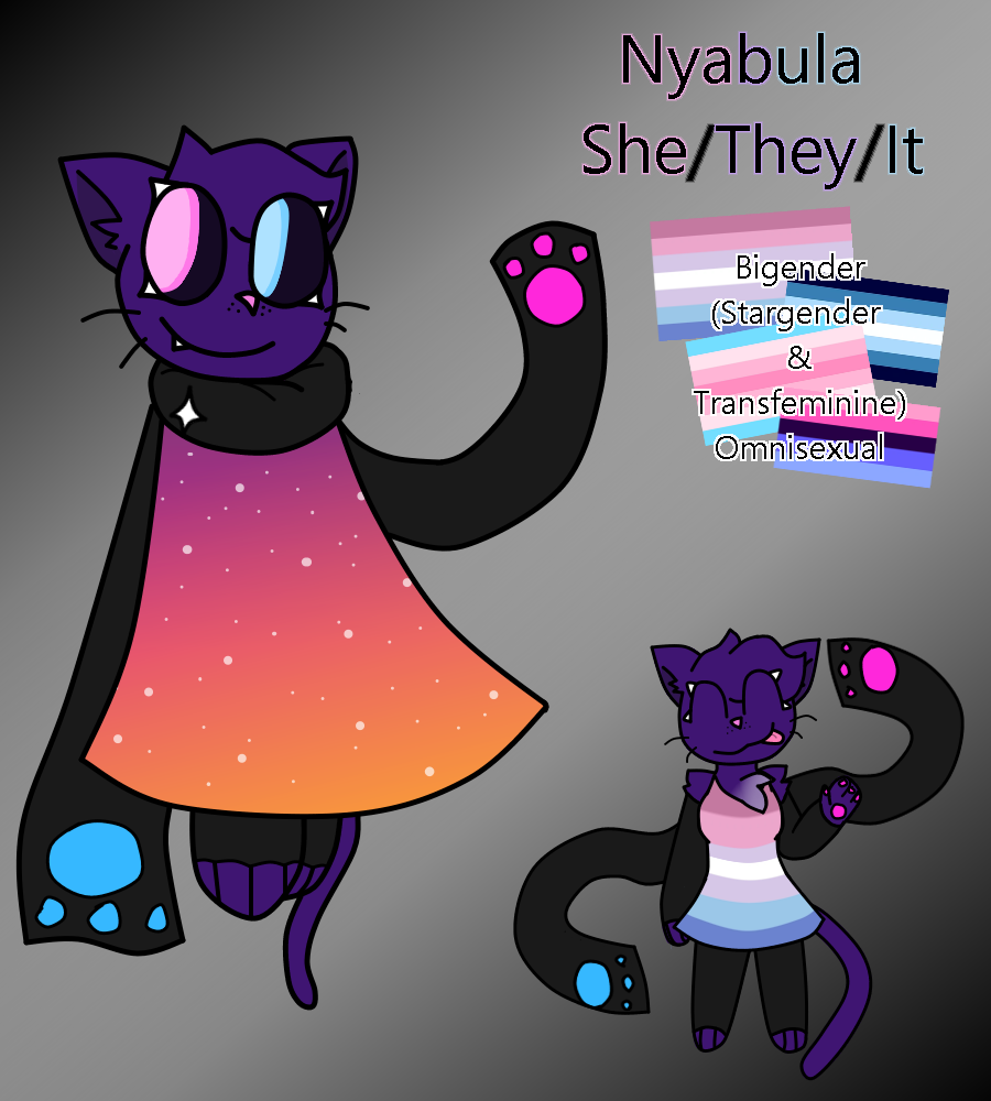 2019 anthro apollysabyss bigender bigender_flag bigender_pride_colors biped black_clothing blue_clothing character_name clothing domestic_cat english_text eyelashes felid feline felis fur gradient_clothing hair mammal model_sheet nyabula_(apollysabyss) paws pink_clothing pronouns purple_body purple_ears purple_fur purple_hair solo text transfeminine_pride_colors