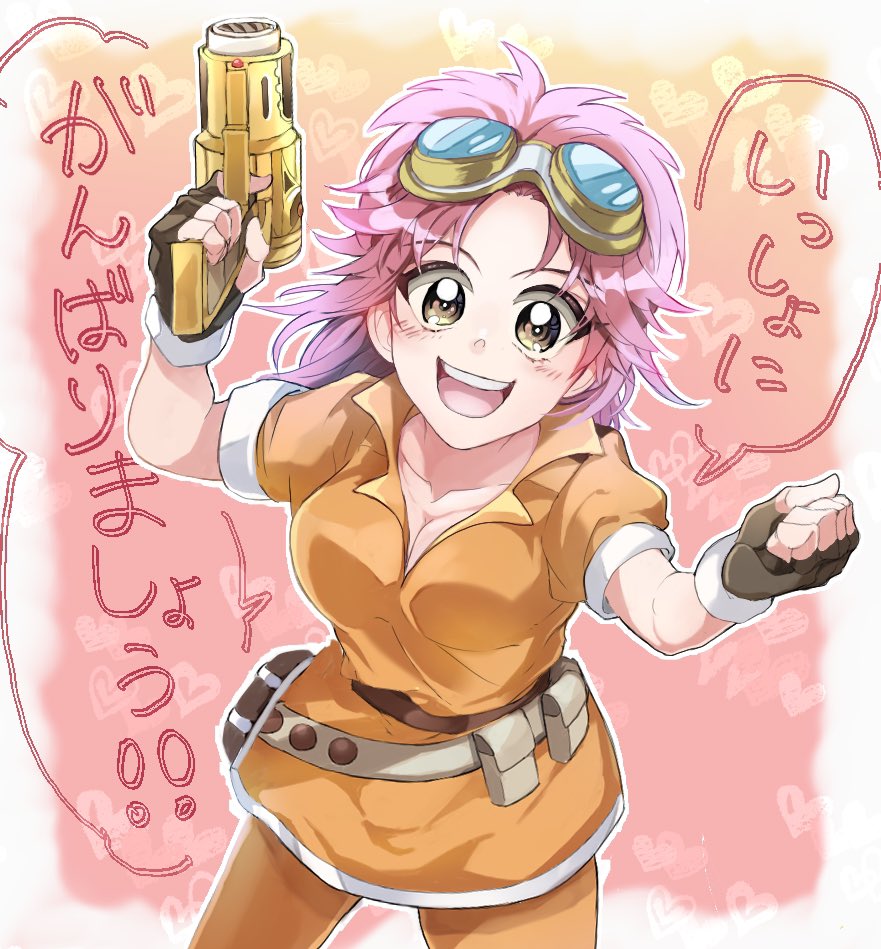 1girl breasts brown_eyes cleavage dragon_quest dragon_quest_dai_no_daibouken fingerless_gloves gloves gun holding holding_gun holding_weapon looking_at_viewer maam open_mouth pink_hair short_hair skirt smile solo weapon