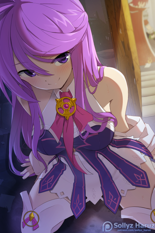 1boy 1girl aether_sage_(elsword) aisha_landar bare_shoulders blush boots breasts detached_sleeves dress elsword elsword_(character) kneeling knight_emperor_(elsword) long_hair looking_at_viewer looking_up medium_breasts neck_ribbon purple_eyes purple_hair ribbon sleeveless sleeveless_dress smile sollyz solo_focus thigh_boots thighs