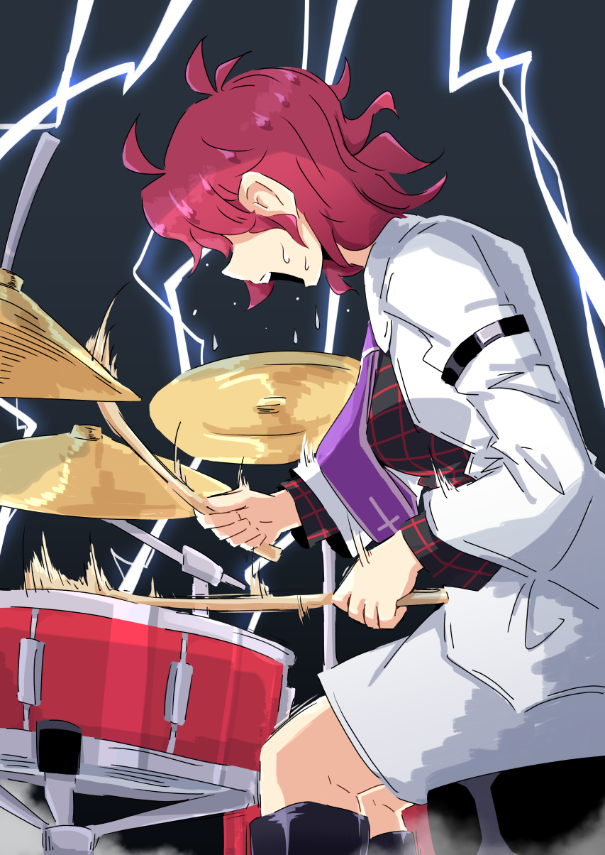 1girl black_background black_shirt breasts commentary cymbals drum feet_out_of_frame from_side highres horikawa_raiko instrument jacket lightning long_sleeves necktie open_mouth plaid plaid_shirt purple_necktie red_hair sakamoto_fred shirt short_hair simple_background sitting skirt solo sweat teeth touhou upper_teeth_only white_jacket white_skirt