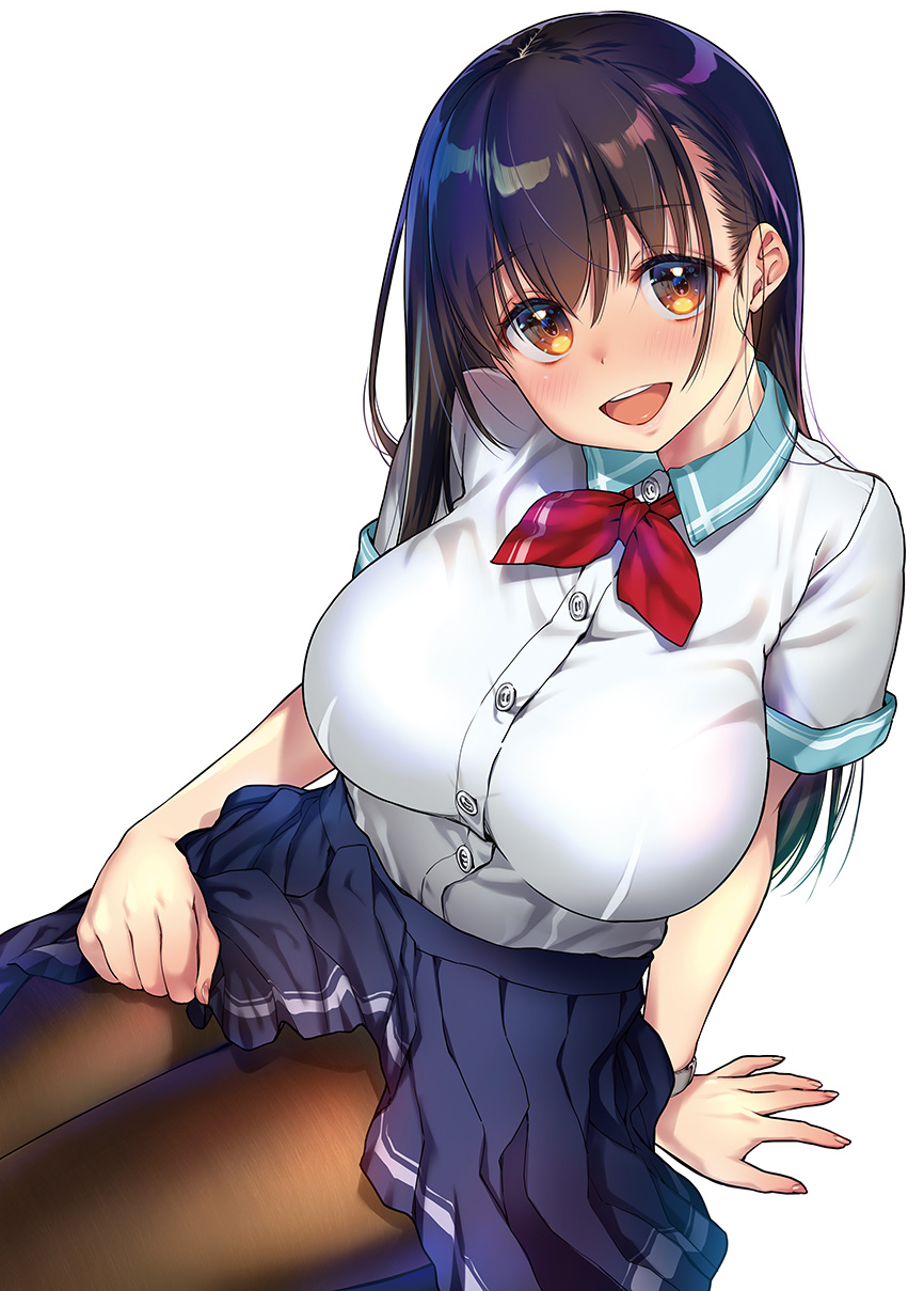 1girl arm_support bangs black_hair black_pantyhose blue_skirt blush breasts brown_eyes clothes_lift commentary_request hair_between_eyes highres large_breasts lifted_by_self looking_at_viewer nanase_meruchi open_mouth original pantyhose school_uniform shirt short_sleeves simple_background skirt skirt_lift smile solo teeth uniform upper_teeth_only watch white_background white_shirt wristwatch