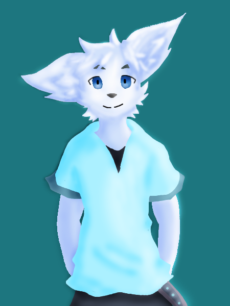 anthro arctic_fox belt black_nose black_undershirt blue_clothing blue_eyes blue_shirt blue_topwear bottomwear canid canine clothed clothing digital_media_(artwork) echo_(repeat) fox fur hair looking_at_viewer male mammal pants repeat_(visual_novel) repeatecho shirt simple_background smile solo topwear undershirt white_body white_fur white_hair