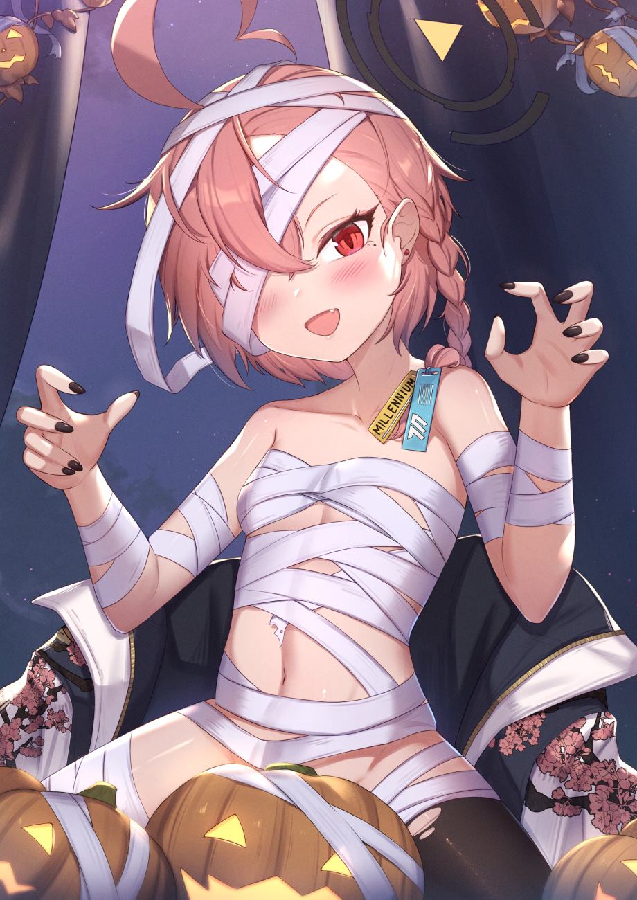 1girl :d ahoge bandages black_nails black_thighhighs blue_archive blush braid breasts brown_hair claw_pose commentary_request earrings fang hair_over_one_eye halloween halo hands_up highres jack-o'-lantern jewelry looking_at_viewer mole mole_under_eye mummy_costume nail_polish naked_bandage navel neru_(blue_archive) red_eyes single_braid single_thighhigh small_breasts smile solo stud_earrings thighhighs torn_clothes torn_thighhighs uneg