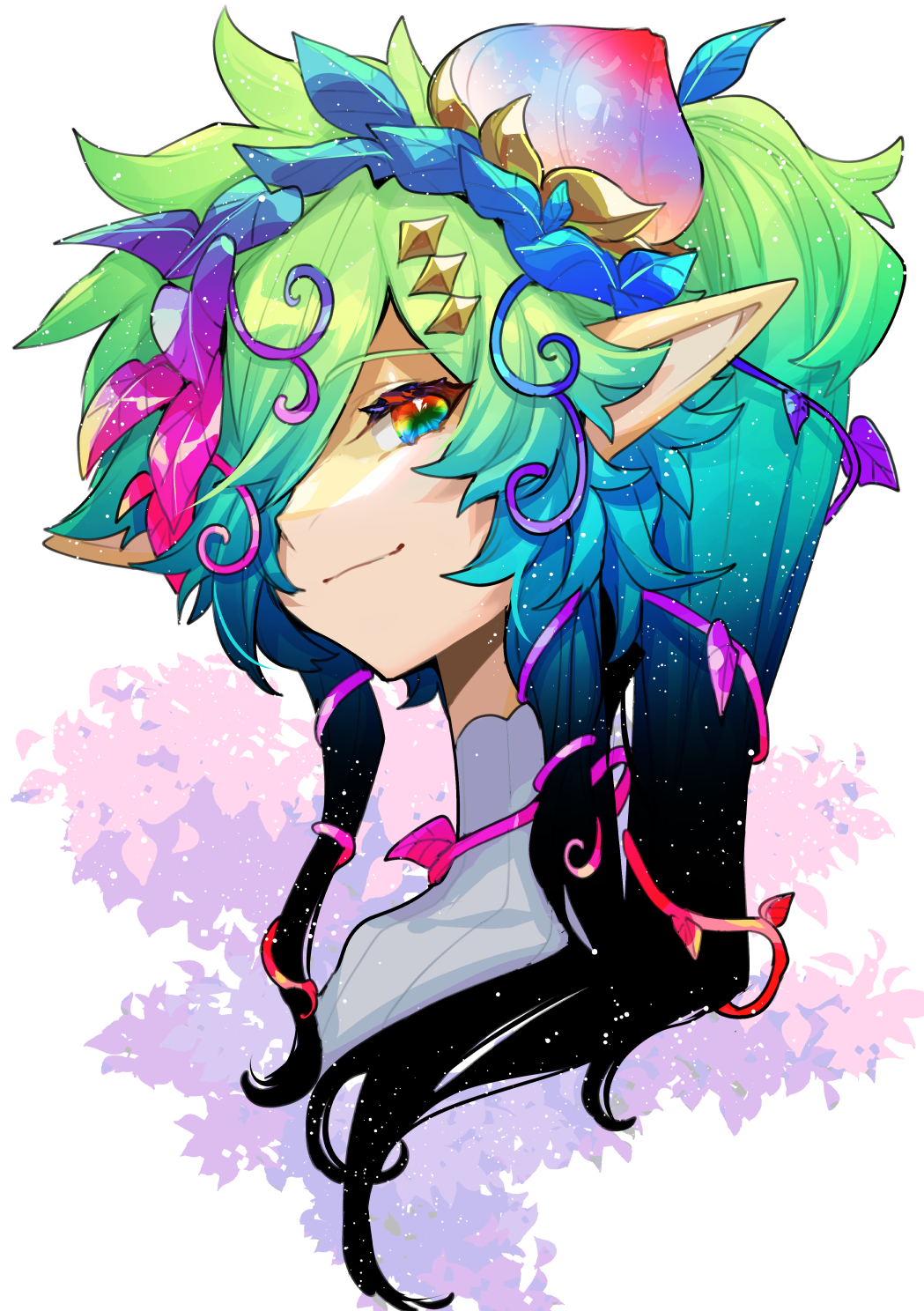 aqua_hair colored_skin gradient_hair green_hair hair_over_one_eye high_ponytail highres leaf long_hair looking_at_viewer multicolored_eyes multicolored_hair original pointy_ears rainbow_eyes smile yadayada yellow_skin