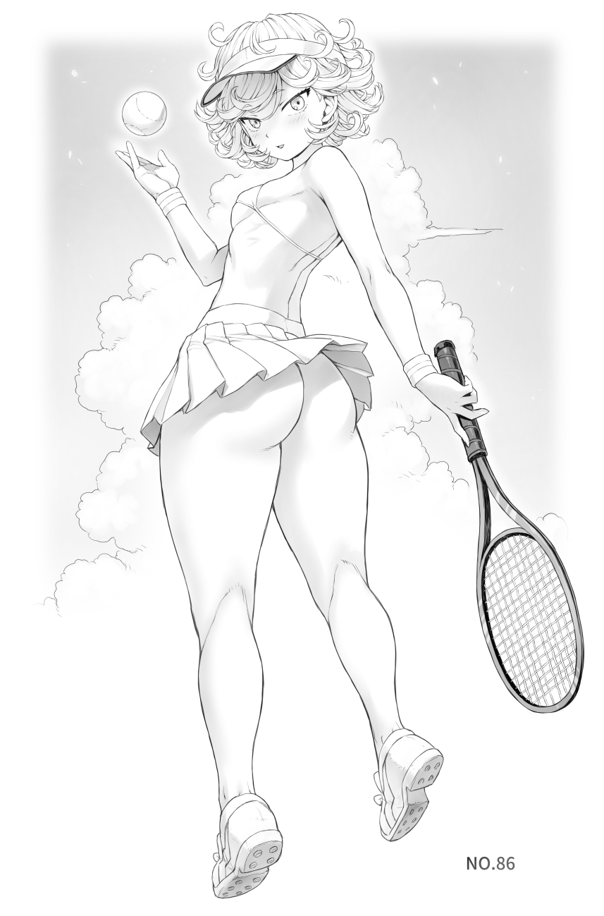 1girl ass ball bikini blush breasts clothes_lift cloud curly_hair from_behind full_body highres holding_tennis_racket kneepits looking_at_viewer looking_back micro_bikini miniskirt mogudan monochrome one-punch_man parted_lips pleated_skirt shoes short_hair skirt skirt_lift small_breasts sneakers solo swimsuit tatsumaki tennis_ball thighs twisted_torso underboob visor_cap wind wind_lift