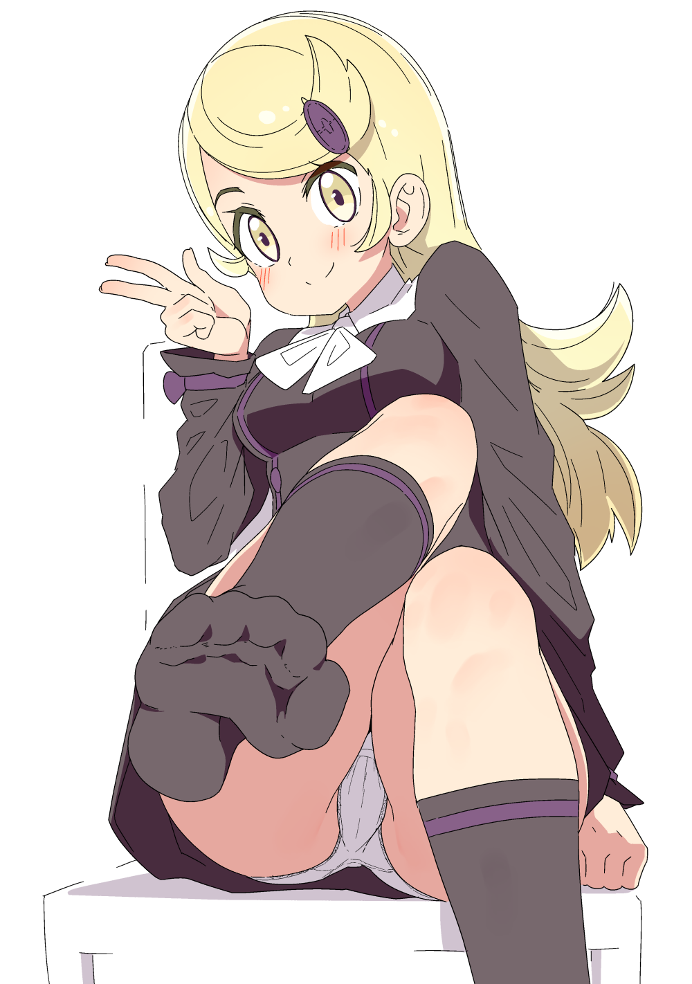 1girl ace_trainer_(pokemon) arm_support blonde_hair blush breasts closed_mouth commentary_request hair_ornament hairclip hand_up highres jacket kneehighs long_hair long_sleeves no_shoes panties pantyshot pokemon pokemon_(game) pokemon_xy sitting skirt smile socks soles solo split_mouth swept_bangs tottotonero underwear w white_panties yellow_eyes