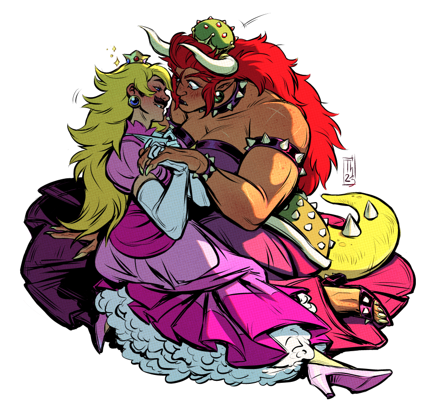 1boy 1girl alternate_color alternate_hair_color alternate_skin_color armlet armor armored_dress biceps black_lips blonde_hair blush bowsette bracelet breasts cleavage collar commentary cosplay crown dark-skinned_female dark_skin dress earrings elbow_gloves english_commentary eye_contact facial_hair fingernails full_body gloves hand_grab hetero holding_hands horns huge_breasts imminent_kiss interlocked_fingers jewelry looking_at_another luigi mario_(series) muscular muscular_female mustache new_super_mario_bros._u_deluxe on_floor petticoat pink_dress pink_footwear pointy_ears princess_peach princess_peach_(cosplay) purple_dress red_eyes red_hair scar sharp_fingernails sharp_toenails sitting sitting_on_lap sitting_on_person spiked_armlet spiked_bracelet spiked_collar spiked_tail spikes strapless strapless_dress super_crown tail tall_female tench toeless_footwear toenails toes white_background white_gloves white_horns wig