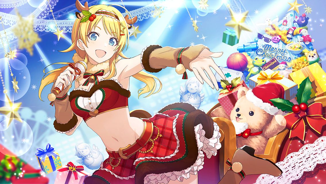 1girl :d ahoge animal_ears antlers arm_warmers armpits bell belt blonde_hair blue_background blue_eyes blurry blurry_background blurry_foreground boots bow bowtie breasts brown_footwear chain christmas_ornaments christmas_present christmas_tree cleavage cowboy_shot deer_ears framed frilled_skirt frills fur-trimmed_arm_warmers fur-trimmed_hair_tie fur-trimmed_skirt fur-trimmed_tube_top fur_collar fur_trim game_cg gift gold_chain green_trim groin hachimiya_meguru hair_flaps hair_ornament hairband hairclip holding holding_microphone idolmaster idolmaster_shiny_colors large_breasts lens_flare long_hair looking_at_viewer low_twintails merry_christmas microphone midriff mistletoe_hair_ornament narrow_waist navel neck_bell official_art open_mouth outstretched_arm outstretched_hand plaid plaid_skirt pom_pom_(clothes) reaching reaching_towards_viewer red_belt red_skirt red_tube_top reindeer_antlers sidelocks skirt smile snowflake_ornament solo sparkle stage_lights standing standing_on_one_leg star_(symbol) star_ornament strapless stuffed_animal stuffed_toy teddy_bear tube_top twintails