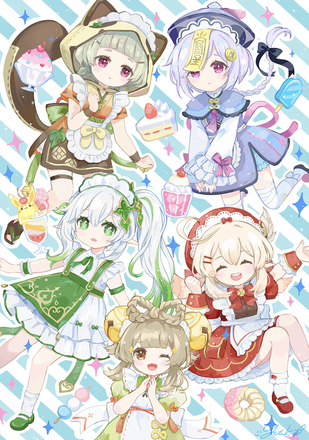 5girls ;d ^_^ ahoge alternate_costume animal_ears apron bell bloomers blue_bloomers blunt_bangs bow bow-shaped_hair bowtie braid brown_hair cake capelet closed_eyes clover_print coin_hair_ornament commentary_request cupcake dango doughnut enmaided fake_animal_ears fake_tail food frilled_apron frilled_skirt frilled_sleeves frills genshin_impact gradient_hair grey_hair hair_bell hair_between_eyes hair_ornament hairclip hat hat_feather hat_ornament highres japanese_clothes jiangshi klee_(genshin_impact) leaf_hair_ornament light_brown_hair long_hair looking_at_viewer low_ponytail low_twintails maid mary_janes multicolored_hair multiple_girls nahida_(genshin_impact) ofuda one_eye_closed orange_eyes parfait parted_lips pointy_ears popsicle purple_capelet purple_eyes purple_hair qing_guanmao qiqi_(genshin_impact) raccoon_ears raccoon_hood raccoon_tail red_bow red_bowtie sanshoku_dango sayu_(genshin_impact) shoes short_sleeves side_ponytail sidelocks single_braid skirt sleeveless smile socks strawberry_shortcake streaked_hair symbol-shaped_pupils tail thighlet twintails two-tone_hair underwear v_arms wa_maid wagashi white_bloomers white_socks wrist_cuffs wristband yaoyao_(genshin_impact) yuegui_(genshin_impact) yutukicom