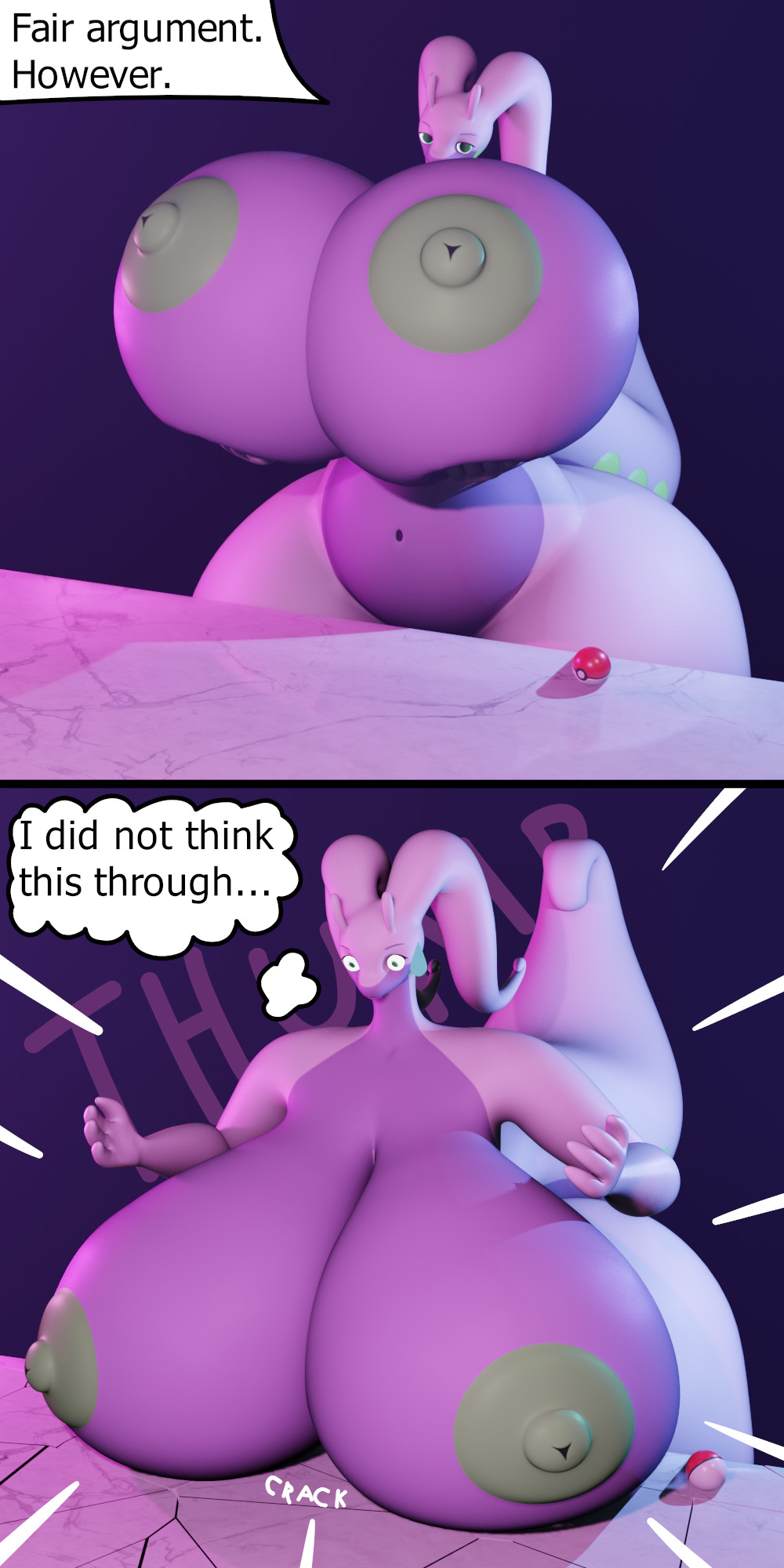 anthro big_breasts blender_(software) breast_drop breast_squish breasts cherry_(darkdraketom) darkdraketom fair_argument_(meme) female generation_6_pokemon goodra green_eyes green_nipples hi_res holding_breast hyper looking_at_viewer navel nintendo nipples pokeball pokemon pokemon_(species) pupils purple_body small_pupils solo speech_bubble squish text_emphasis thick_thighs thought_bubble wide_hips