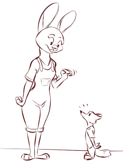anthro canid canine clothing disney duo female fox judy_hopps lagomorph larger_female leporid male mammal nick_wilde overalls rabbit simple_background size_difference sketch standing tggeko waving_hand white_background zootopia