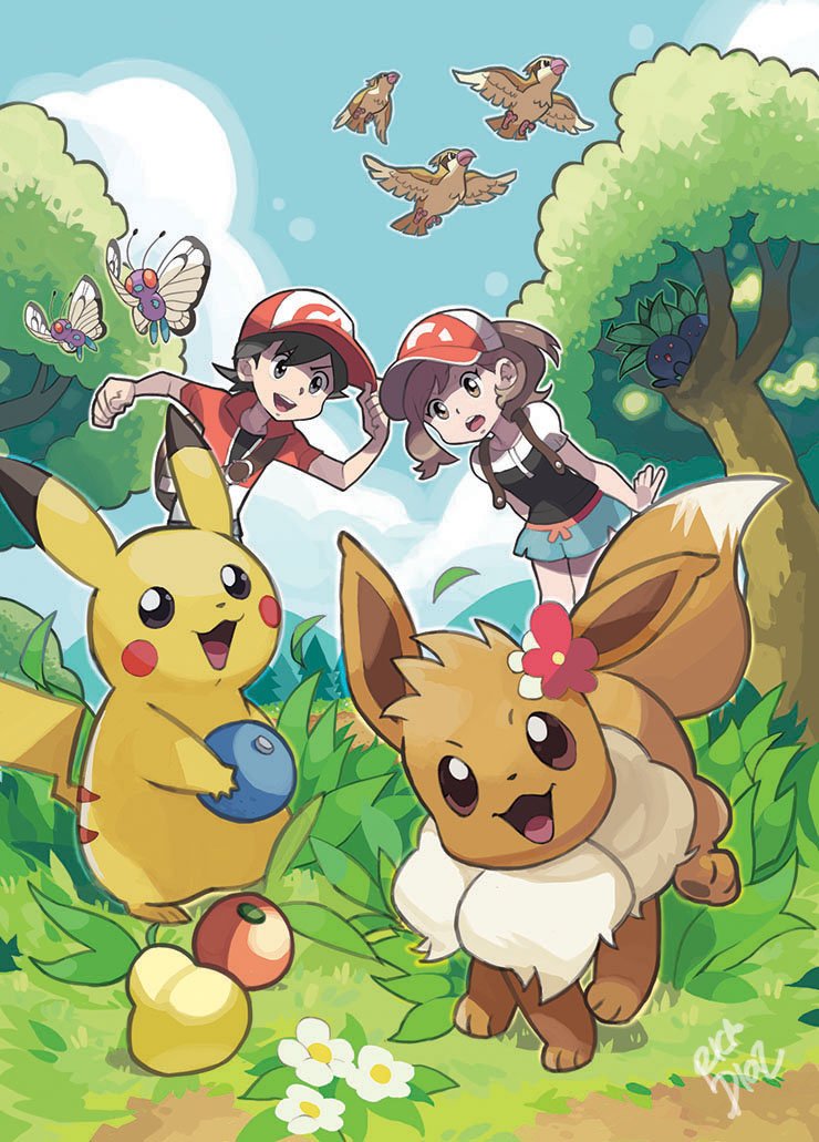 1boy 1girl :d backpack bag berry_(pokemon) bird brown_eyes brown_hair butterfree chase_(pokemon) commentary day eevee elaine_(pokemon) flower food fruit grass green_shorts hand_on_headwear hat holding holding_food holding_fruit oddish open_mouth oran_berry outdoors pidgey pikachu pokemon pokemon_(creature) pokemon_(game) pokemon_lgpe rica_diaz shirt short_sleeves shorts signature sitrus_berry sky smile tree white_flower