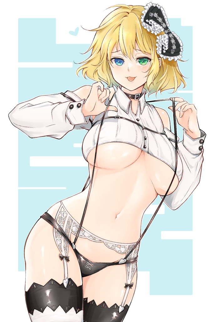 1girl :3 bare_shoulders belt_buckle black_bow black_choker black_panties black_thighhighs blonde_hair blue_background blue_eyes blush bow breasts buckle choker clothing_cutout crop_top detached_sleeves frilled_bow frills garter_belt garter_straps green_eyes groin hair_between_eyes hair_bow heart heterochromia kinako_(mzknk0) lace lace_garter_belt large_breasts linea_alba long_sleeves looking_at_viewer messy_hair midriff navel open_mouth panties revealing_clothes ryouna_(senran_kagura) senran_kagura senran_kagura_new_link senran_kagura_shinovi_versus shiny_skin short_hair shoulder_cutout sleeve_cuffs smile solo stomach suspenders suspenders_pull thighhighs tongue two-tone_background two-tone_thighhighs underboob underwear white_background white_garter_straps white_thighhighs