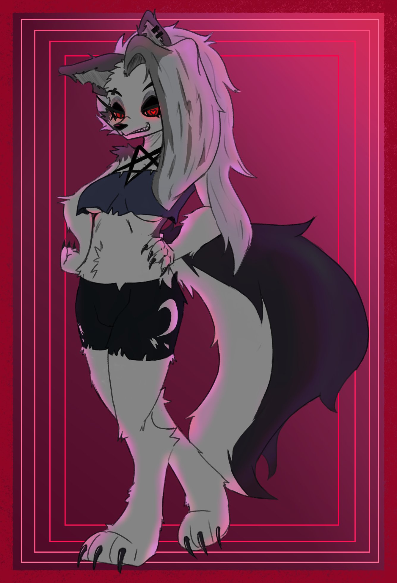 &lt;3 &lt;3_eyes anthro bottomwear breasts canid canid_demon claws clothed clothing demon digitigrade female fluffy fluffy_tail fur grin hair hand_on_hip hellhound helluva_boss hi_res loona_(helluva_boss) mammal midriff pentagram_top red_eyes shorts smile solo tail teeth toe_claws topwear under_boob viofsa white_body white_fur white_hair