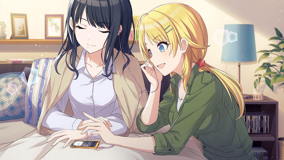 2girls :d ahoge black_hair blanket blonde_hair blue_eyes blush bookshelf breasts cleavage closed_eyes collarbone digital_media_player earphones game_cg green_shirt hachimiya_meguru hair_flaps hair_ornament hairclip idolmaster idolmaster_shiny_colors indoors kazano_hiori lamp large_breasts layered_shirt light_particles listening_to_music long_hair low_twintails mole mole_under_mouth multiple_girls official_art on_bed open_mouth pajamas pillow plant potted_plant shared_earphones shirt sidelocks sitting small_breasts smile star_(symbol) star_hair_ornament twintails undershirt upper_body white_shirt