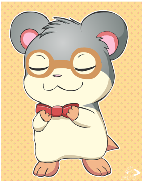 bow_tie cricetid dexter_(hamtaro) dotted_background eyes_closed feral fur fur_markings grey_body grey_fur hamster hamtaro_(series) male mammal markings orange_background pattern_background pichu90 red_bow_tie rodent signature simple_background smile solo tan_body tan_fur