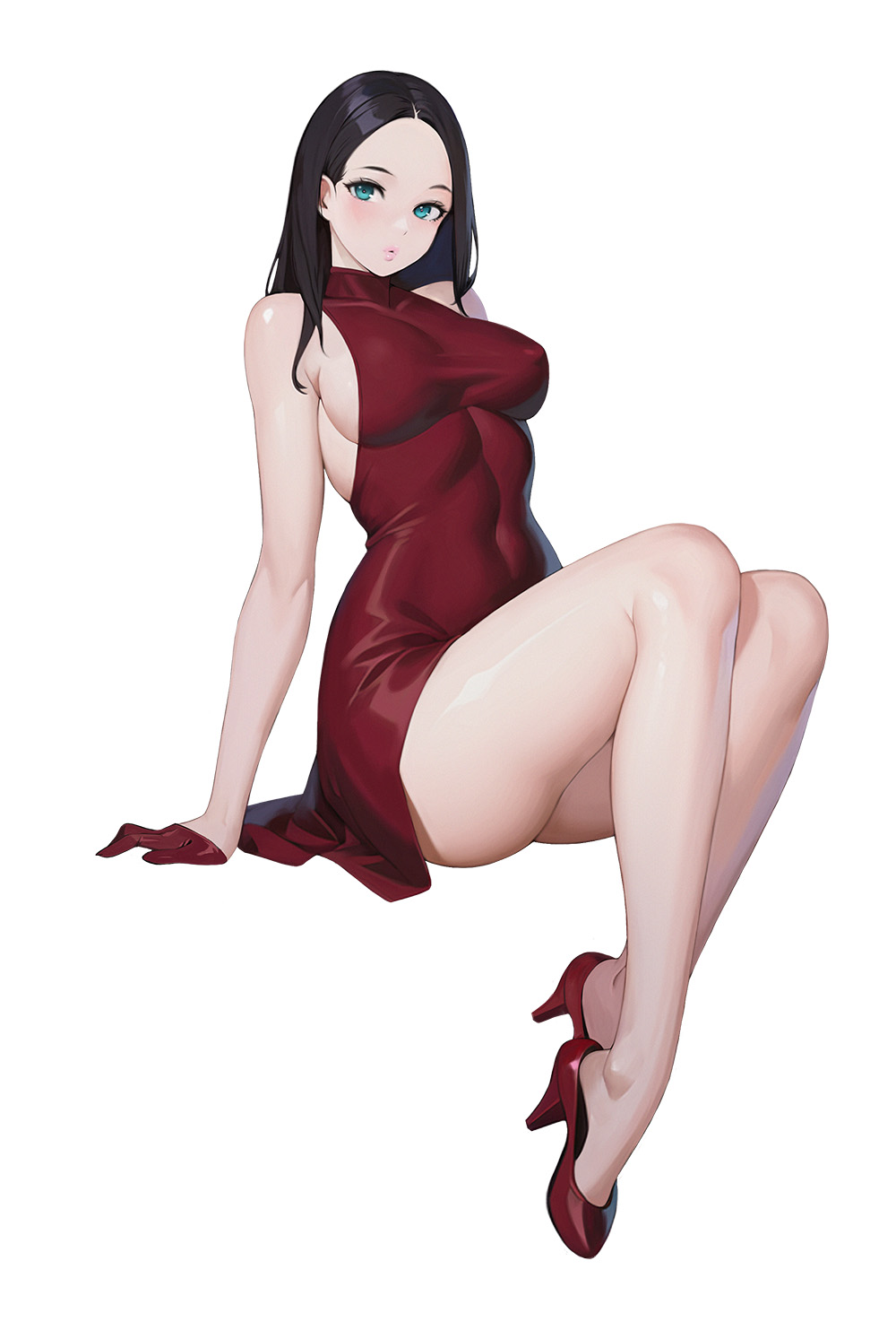 1girl bare_shoulders black_hair blue_eyes blush bobobong breasts covered_collarbone covered_navel dress full_body gloves high_heels highres lips long_hair looking_at_viewer medium_breasts parted_bangs parted_lips red_dress shiny_skin short_dress simple_background sitting sleeveless solo thighs turtleneck white_background