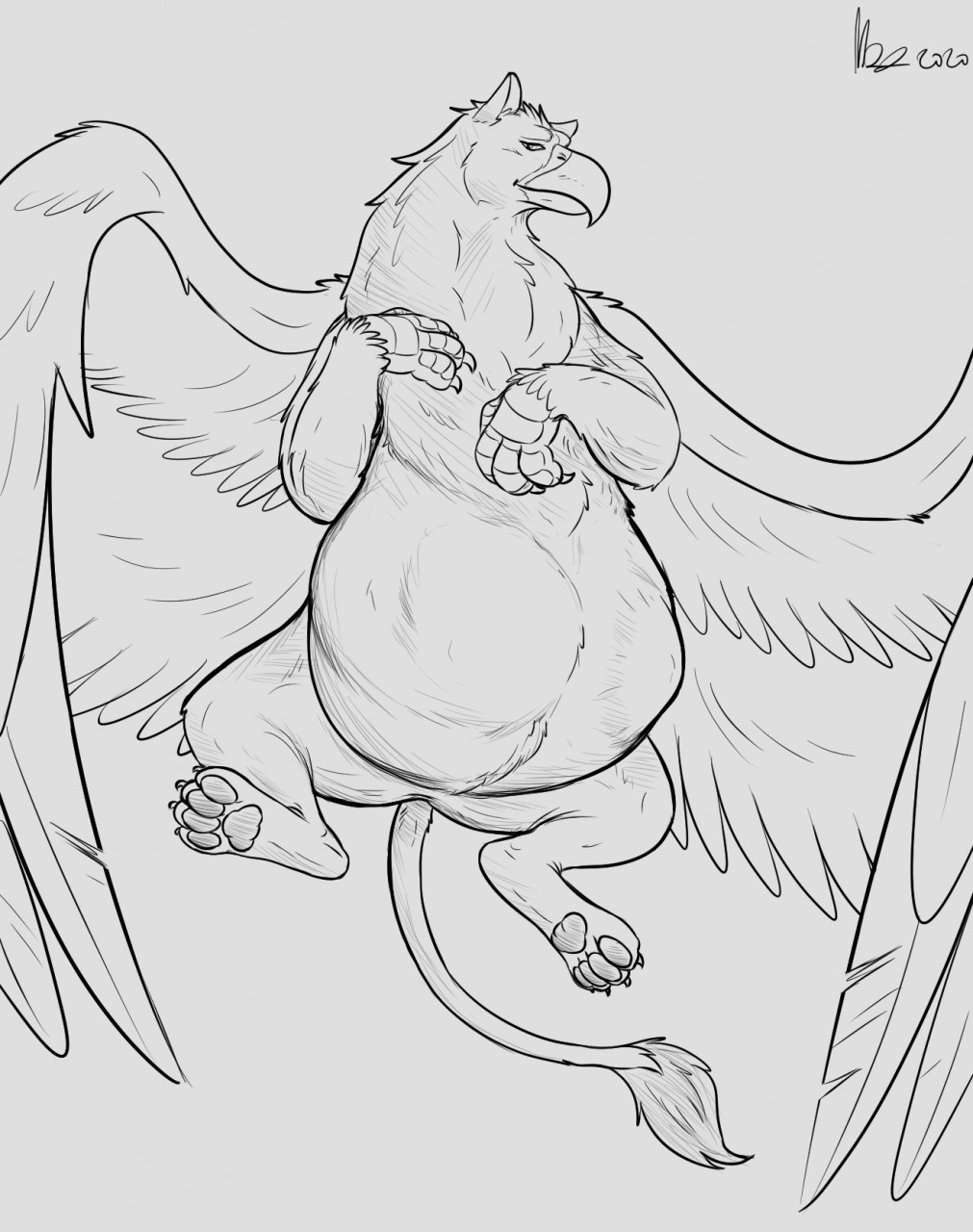 after_vore avian beak bedroom_eyes belly big_belly feral feral_pred gryphon hi_res hindpaw looking_at_viewer lying male male_pred mythological_avian mythology narrowed_eyes on_back paws seductive sketch sprawled thatgryphonguy vore wings