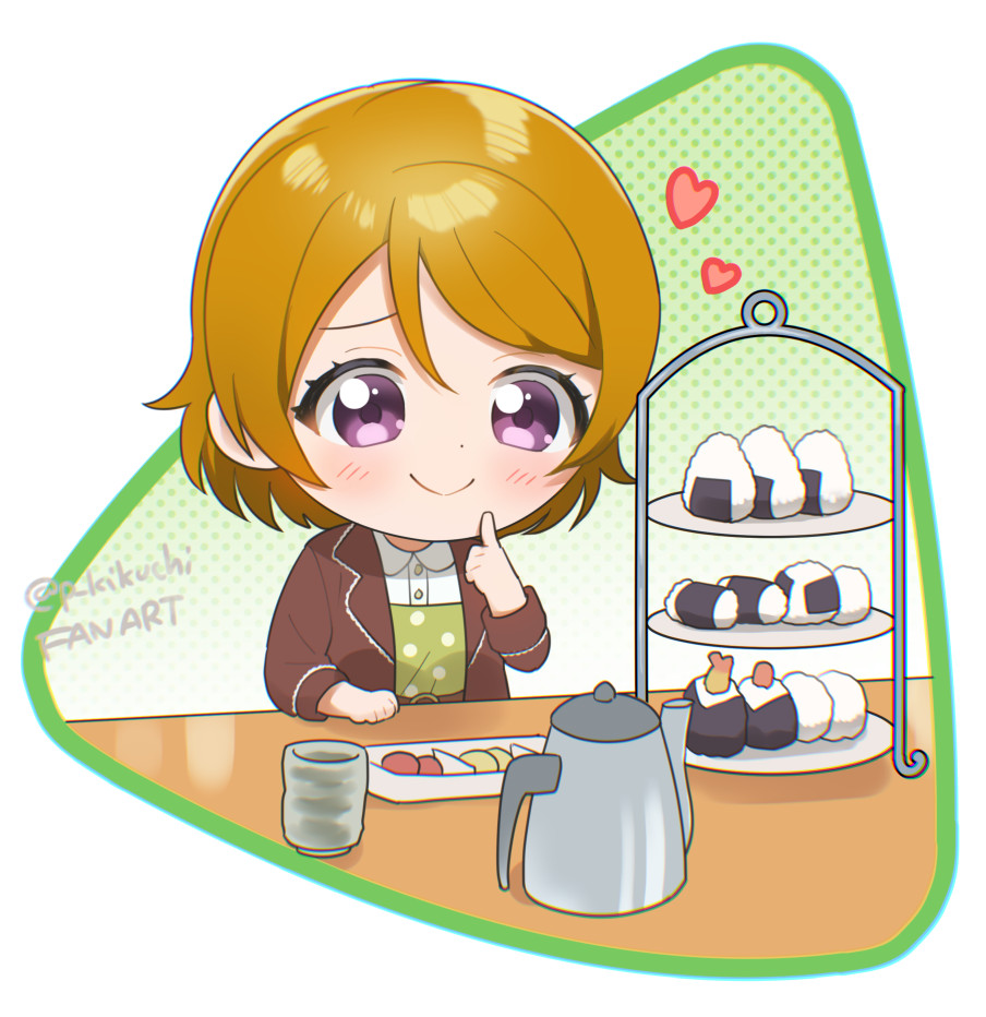 1girl brown_hair brown_jacket chibi closed_mouth collared_shirt commentary cup eyelashes food hand_on_own_cheek hand_on_own_face heart jacket kettle kikuchi_mataha koizumi_hanayo long_sleeves love_live! love_live!_school_idol_project onigiri open_clothes open_jacket pickle polka_dot polka_dot_background print_shirt purple_eyes shirt smile solo table tiered_tray twitter_username yunomi