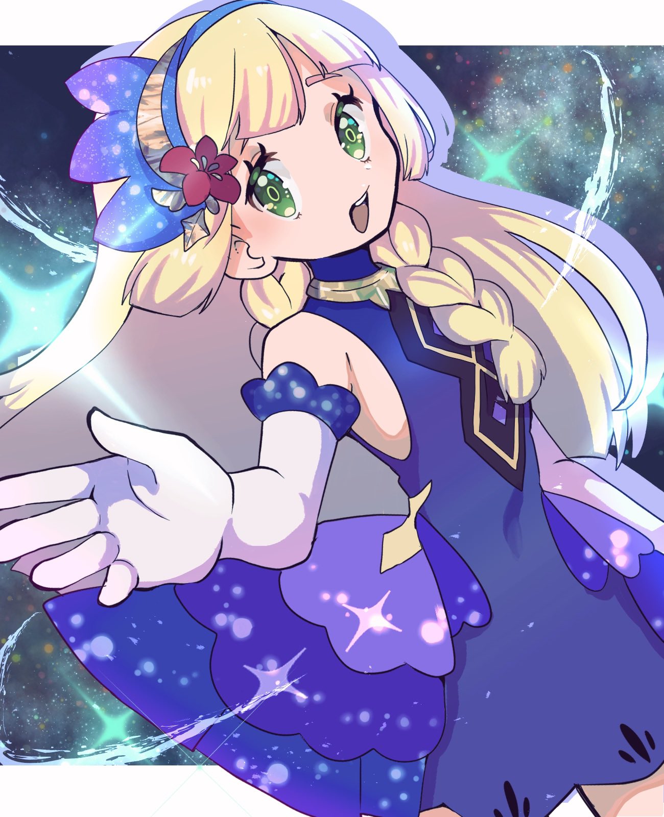 1girl blonde_hair blunt_bangs braid donguri_big dress elbow_gloves eyelashes flower gala_dress gloves green_eyes hair_flower hair_ornament headband highres jewelry lillie_(anniversary_2021)_(pokemon) lillie_(pokemon) long_hair looking_at_viewer neck_ring open_mouth outstretched_hand pokemon pokemon_(game) pokemon_masters_ex purple_dress purple_headband sky sleeveless sleeveless_dress smile solo star_(sky) starry_sky teeth twin_braids upper_teeth_only white_gloves