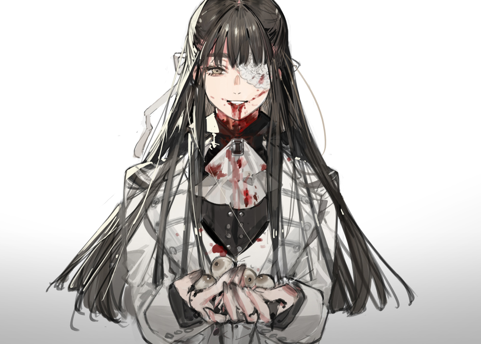 1girl ascot black_hair black_shirt blood blood_from_mouth blood_on_clothes blood_on_face brooch brown_eyes coat collared_shirt commentary eyeball eyepatch half_updo hands_up holding jewelry long_hair long_sleeves one_eye_covered open_mouth original shirt simple_background sketch smile solo starshadowmagician straight_hair upper_body white_ascot white_background white_coat