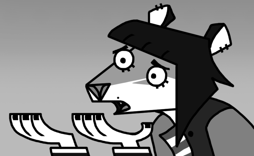 ambiguous_gender anthro bangs black_hair black_nails clone_high clothed clothing colored_nails didelphid ear_piercing facial_markings fan_character frown greyscale hair head_markings mammal markings marsupial mole_(marking) monochrome nails octo-risotto open_frown open_mouth piercing snout solo style_parody toony topwear