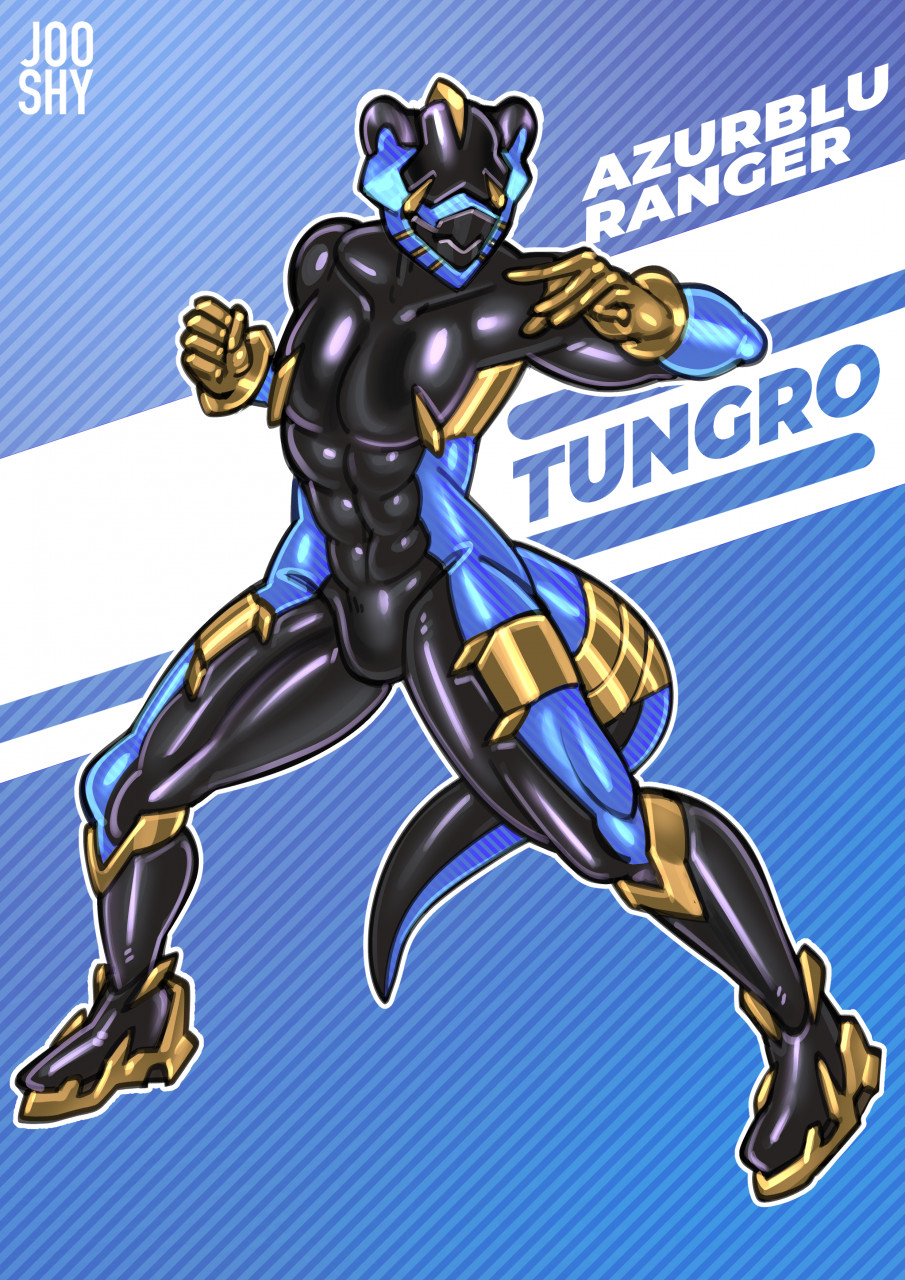 2021 abs action_pose anthro blue_latex blue_rubber bodysuit bulge clawed_fingers claws clothing gold_(metal) hi_res jooshy latex latex_clothing male mammal mask mustelid name_in_background otter pose power_rangers rubber rubber_clothing rubber_suit sentai_inspired skinsuit solo spandex superhero tight_clothing tungro