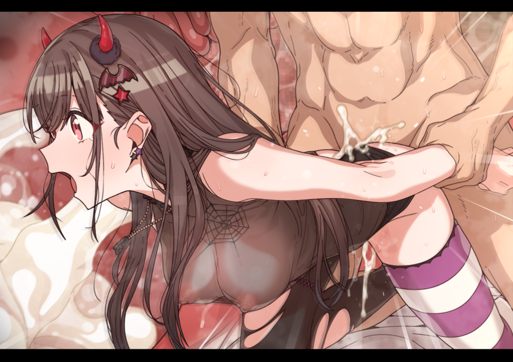1boy 1girl bat_hair_ornament breasts brown_hair clothed_female_nude_male cum cum_in_pussy demon_horns earrings emphasis_lines erere fake_horns hair_down hair_ornament horns idolmaster idolmaster_shiny_colors jewelry large_breasts long_hair necklace nipples nude open_mouth pantyhose red_eyes see-through see-through_shirt sex sex_from_behind sidelocks sonoda_chiyoko striped striped_thighhighs thighhighs torn_clothes torn_pantyhose x-ray