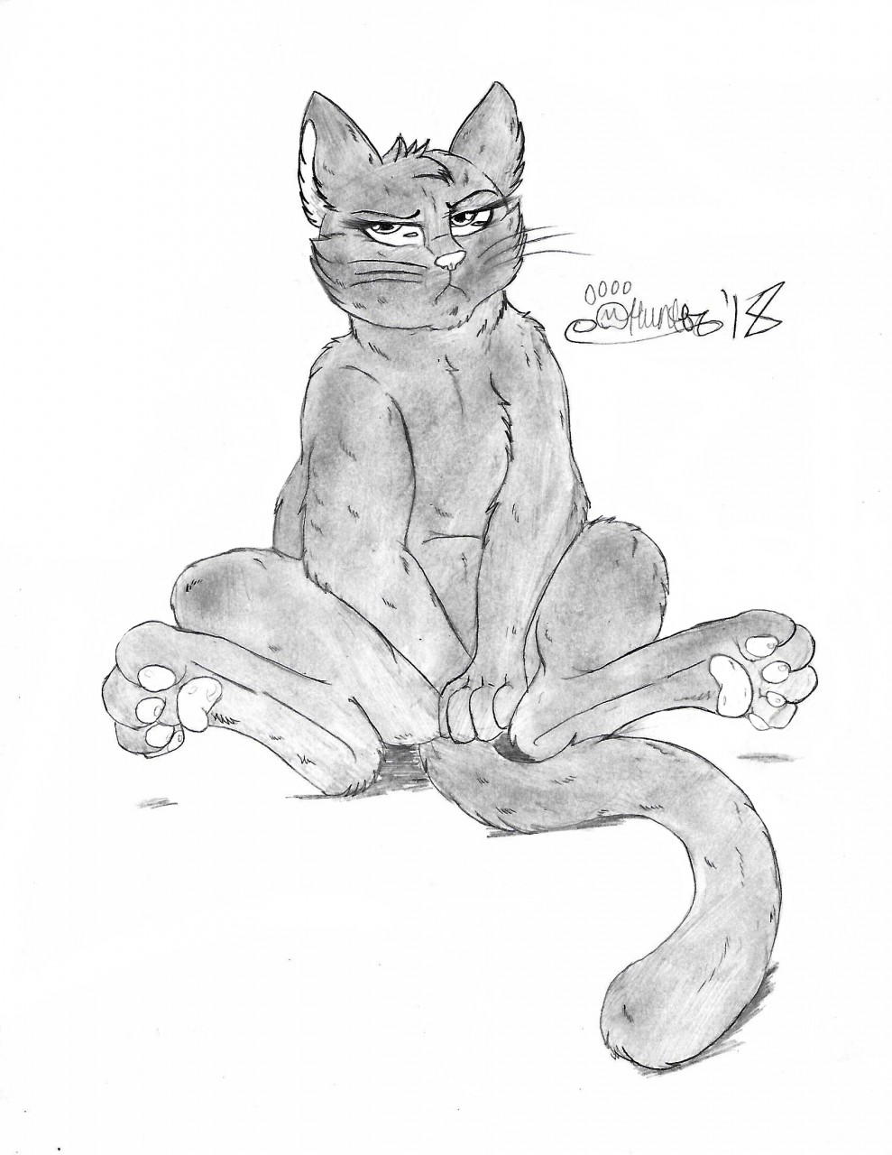 2018 domestic_cat ears_up felid feline felis female feral frown fur half-closed_eyes hasbro hi_res jade_catkin littlest_pet_shop looking_aside looking_away mammal marcushunter mouth_closed narrowed_eyes nude paws signature sitting solo spread_legs spreading tail tail_between_legs whiskers