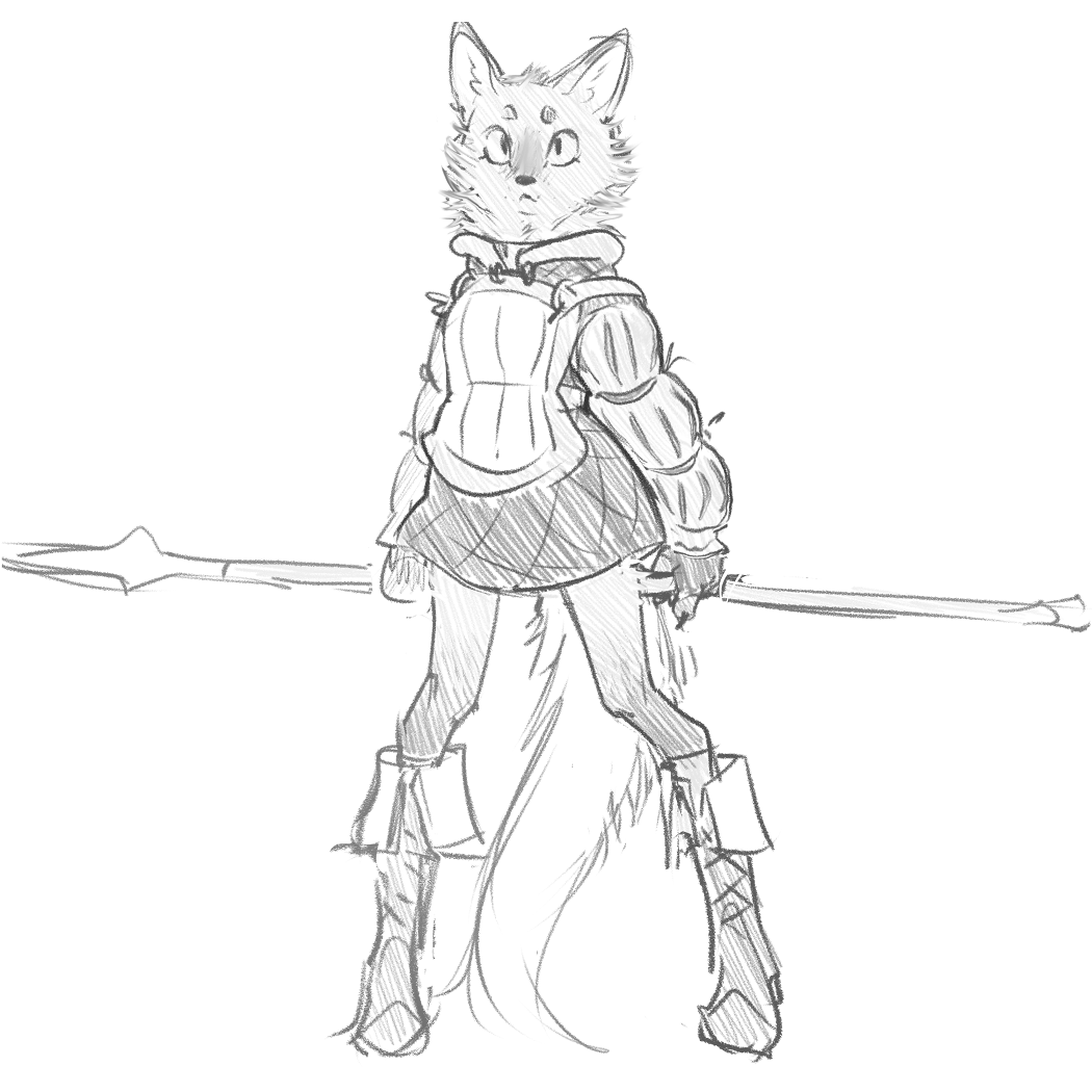 anthro armor baggy_clothing black_and_white boots bottomwear canid canine cheek_tuft circle_eyebrows clothing eyebrows facial_tuft female fluffy footwear long_legs long_tail mammal maned_wolf melee_weapon monochrome neck_tuft polearm pupils sketch skinny skirt small_pupils solo spear tail tateoftot tuft weapon