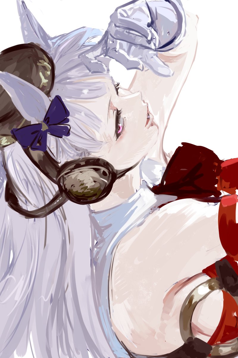 1girl animal_ears armpits arms_up bare_shoulders bow breasts bridle brown_headwear ear_bow ear_covers eyelashes from_side gold_ship_(umamusume) grey_hair half-closed_eyes hat head_back highres horse_ears inishie_kumo lips long_hair looking_at_viewer parted_lips pillbox_hat purple_bow sideboob sideways_glance solo umamusume upper_body very_long_hair