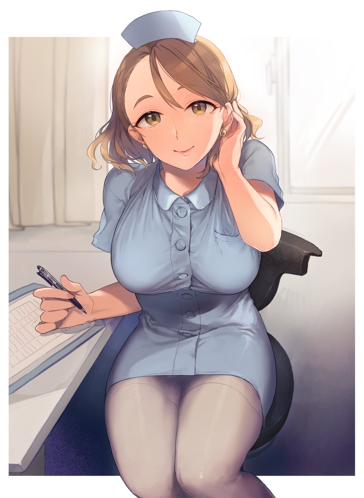 1girl black_pantyhose blue_dress breasts brown_hair closed_mouth collared_dress curtains desk dress earrings hand_in_own_hair hat hazuki_(nature.) highres holding holding_pen idolmaster idolmaster_cinderella_girls idolmaster_cinderella_girls_starlight_stage indoors jewelry large_breasts looking_at_viewer nurse_cap pantyhose paper pen short_sleeves sitting smile solo sunlight window yanagi_kiyora yellow_eyes