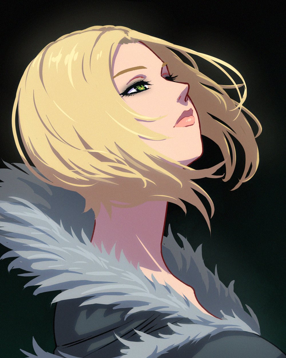 1girl akairiot benedikta_harman blonde_hair colored_eyelashes final_fantasy final_fantasy_xvi fur_collar fur_trim green_eyes highres lips looking_up short_hair simple_background solo