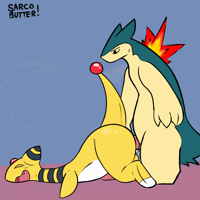 ampharos anal anal_penetration animated anthro ass_up balls bodily_fluids bouncing_butt butt butt_grab cum duo generation_2_pokemon genital_fluids genitals hand_on_butt male male/male nintendo penetration penis pokemon pokemon_(species) sarcobutter sex thrusting typhlosion