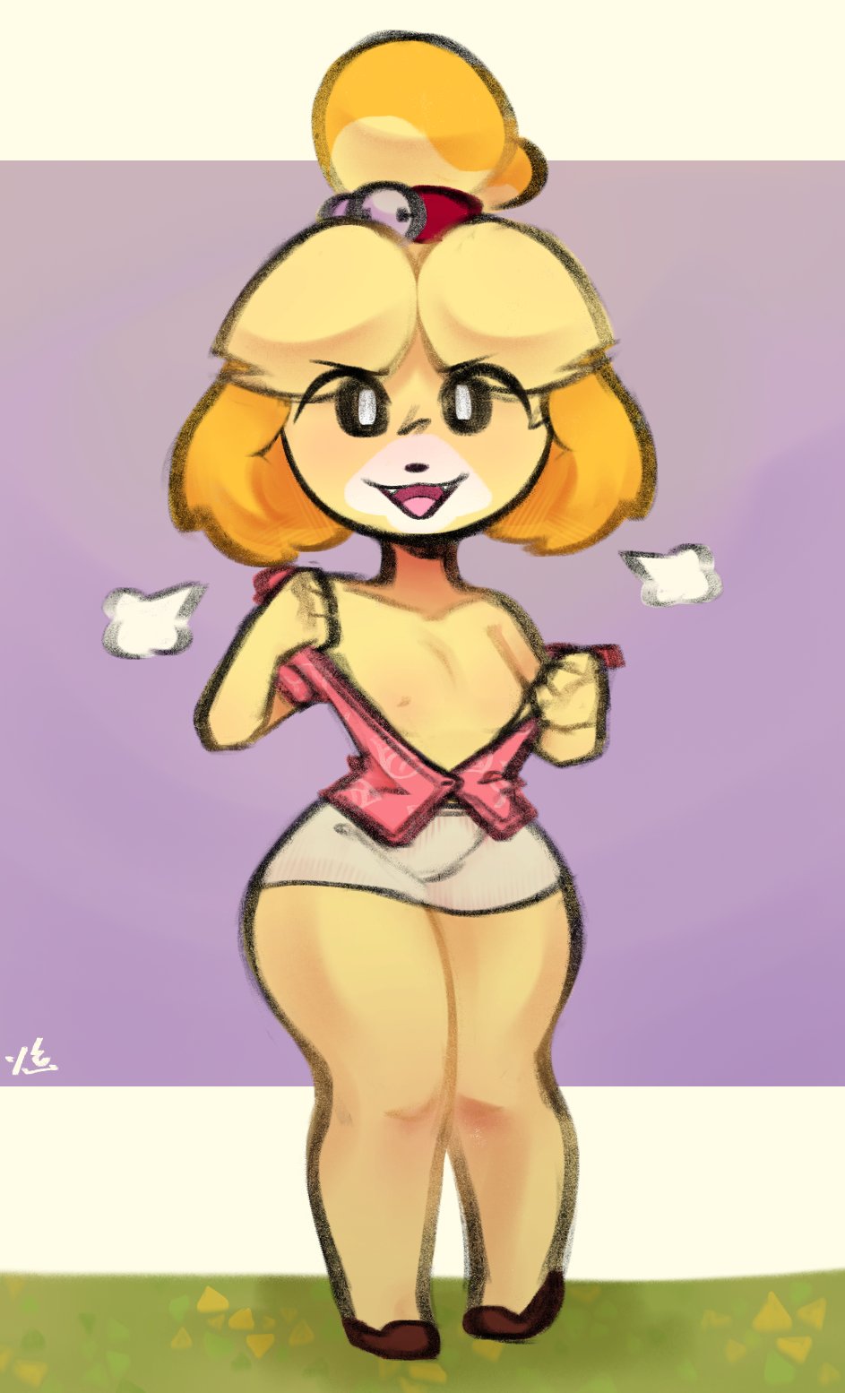 animal_crossing anthro breasts canid canine canis clothed clothing domestic_dog female flat_chested footwear hair hair_bun hi_res isabelle_(animal_crossing) mammal nintendo open_clothing open_mouth open_shirt open_topwear revealing_breasts shih_tzu shirt shoes smile solo thick_thighs thighs tofuuu topwear toy_dog wide_hips