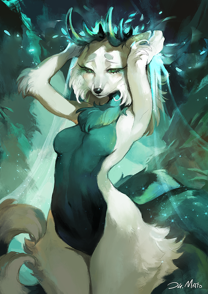 anthro canid canine female fox fur green_eyes hand_on_head horn juliathedragoncat mammal nude solo white_body white_fur