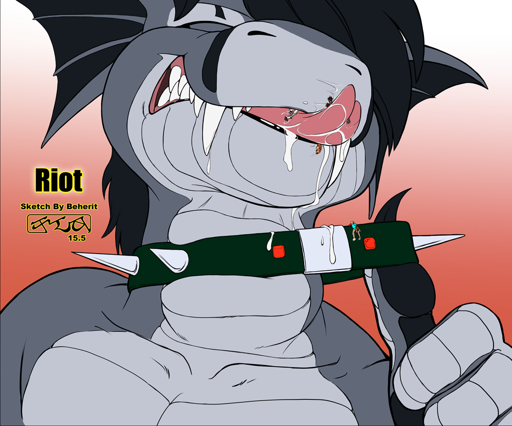 2015 anthro bodily_fluids canine_teeth collar collar_only dragon eyes_closed gradient_background grey_body grey_scales group hair kencougr long_teeth macro male micro neck_bulge nude oral_vore riot_(cougr) saliva salive scales scalie simple_background solo solo_focus tongue vore