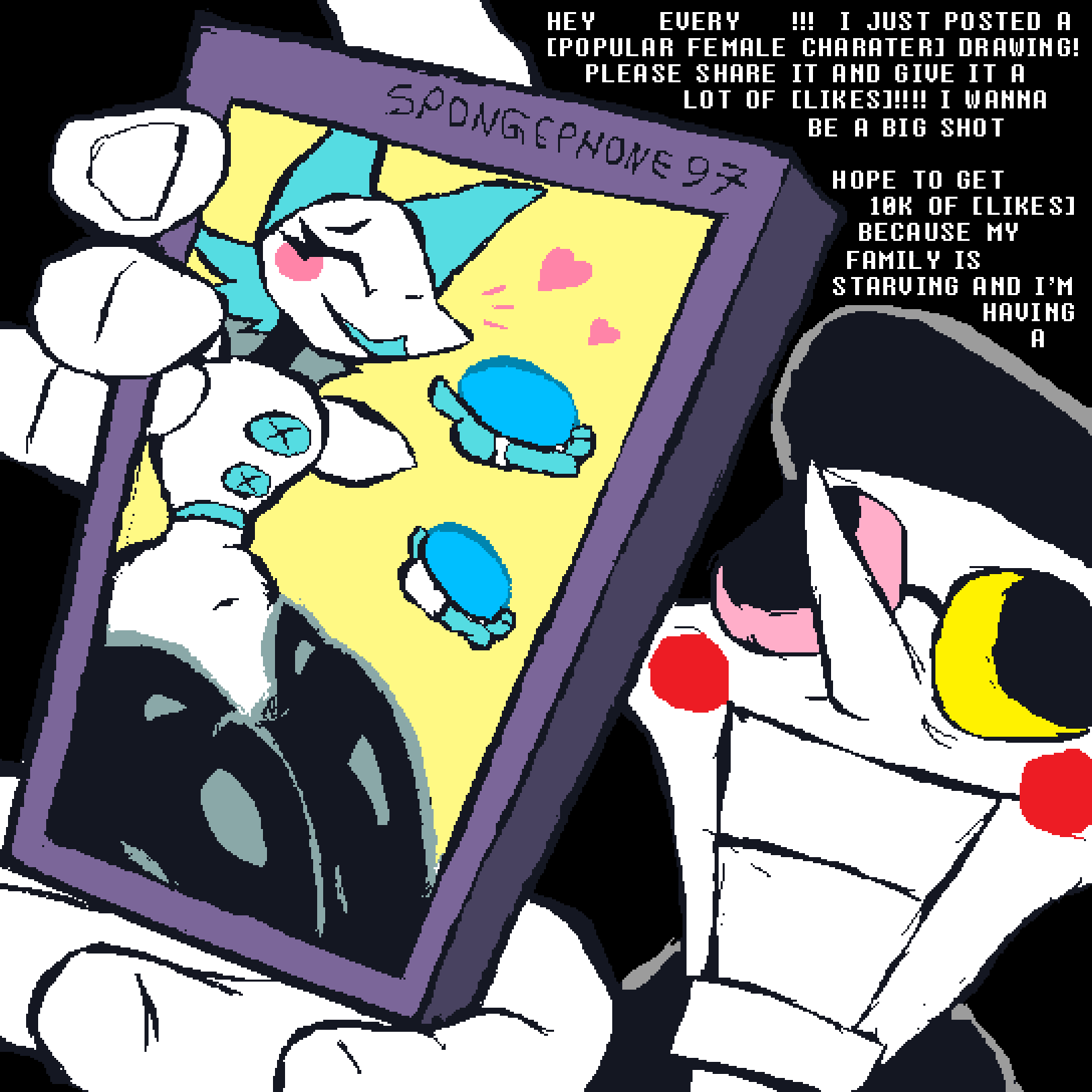 1:1 anthro darkner deltarune dialogue drawing duo english_text felid feline female happy hi_res holding_object holding_phone huge_thighs humanoid hyper hyper_thighs invalid_tag living_puppet machine male mammal phone photo robot robot_humanoid rohan_furries spamton_g._spamton tasque_manager text thick_thighs undertale_(series) wide_hips