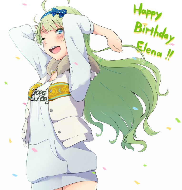 1girl ahoge arms_up birthday blue_bow blue_eyes blue_hairband blunt_bangs blush bow character_name coat commentary_request confetti cowboy_shot english_text eyelashes fur-trimmed_coat fur_trim green_hair hair_bow hairband happy_birthday hood hood_down hooded_coat idolmaster idolmaster_million_live! long_hair long_sleeves looking_at_viewer one_eye_closed open_clothes open_coat open_mouth oversized_clothes pocket polka_dot polka_dot_bow polka_dot_hairband shimabara_elena sleeveless sleeveless_coat smile solo teeth wavy_hair white_background white_coat white_hood witoi_(roa)